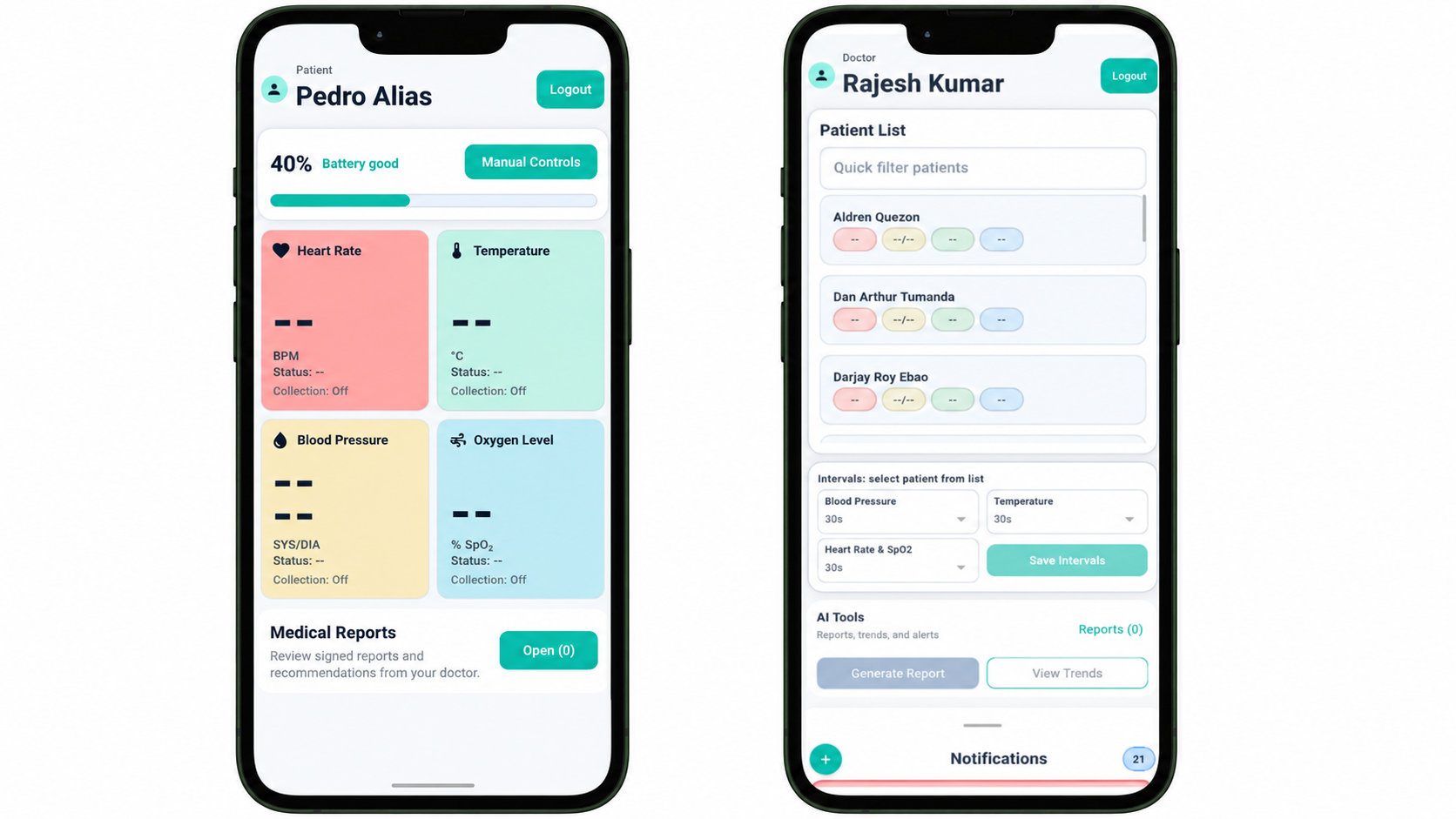 Patient and doctor mobile dashboards of the Smart Wearable monitoring system. The patient dashboard shows personal vital signs, battery status, and medical reports, while the doctor dashboard provides patient monitoring, interval settings, notifications, trend analysis, and AI-assisted report genera